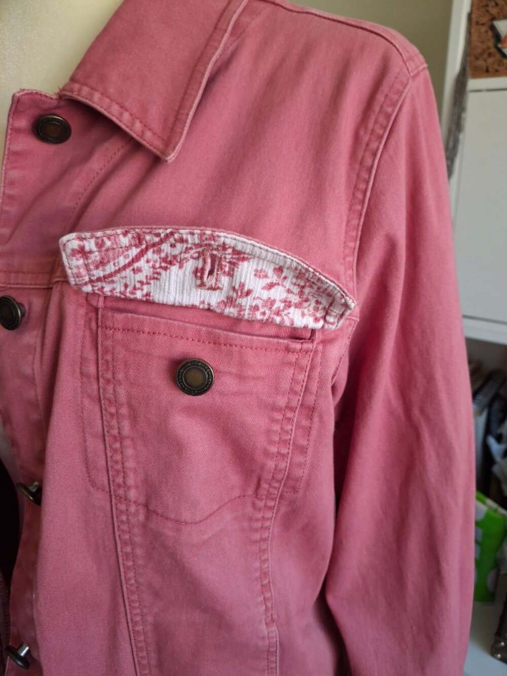 Denim & Co. Denim Jacket, Button-Front, Pockets, Botanical Print Trim, Size M - Picture 6 of 12